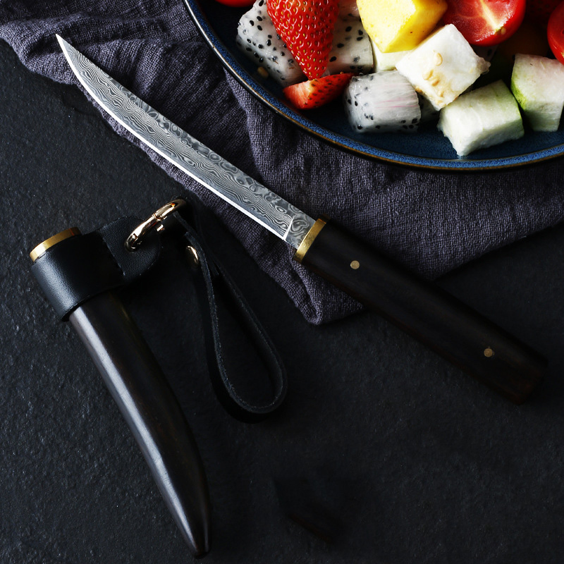 Ds-2640 Paring Knife 3.5 Inch Damascus Steel Knife Small Utility Knife Ebony Handle Pocket Knife BBQ Meat Knife for Camping