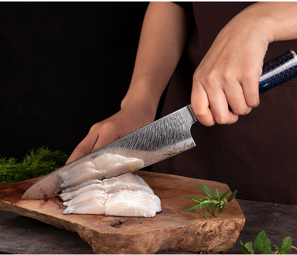 Elegant Blue Resin Damascus Chef's Knife Set for Chefs