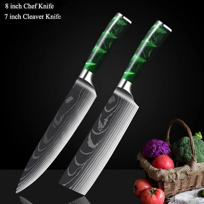 New Collection Damascus Steel Chef Knife Set Santoku Paring Knife Cleaver Knife with Resin 430 Forged Handle (SE-9192)