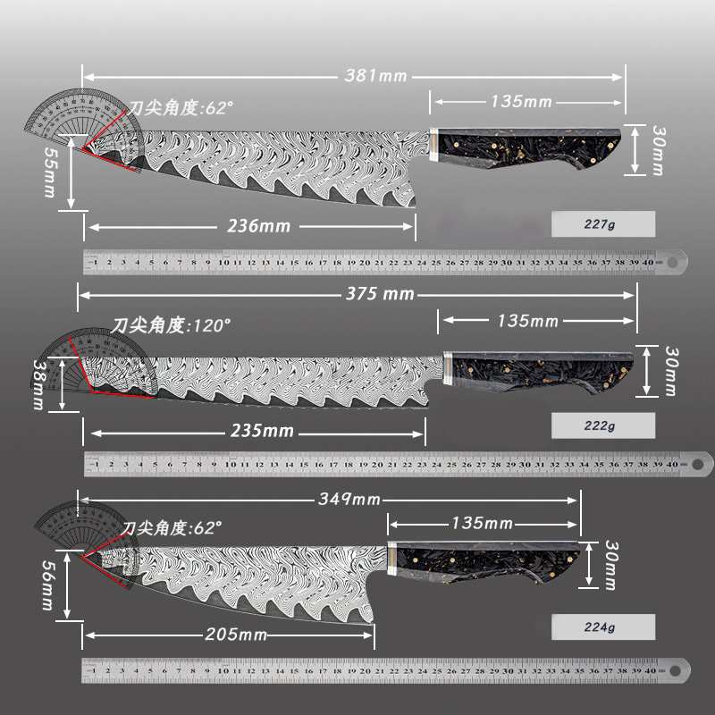 Premium 67 Layers Damascus Steel Chef Kitchen Knives Sets Chef Santoku Nakiri Utility Bread Knife Set Carbon Fiber Resin Handle