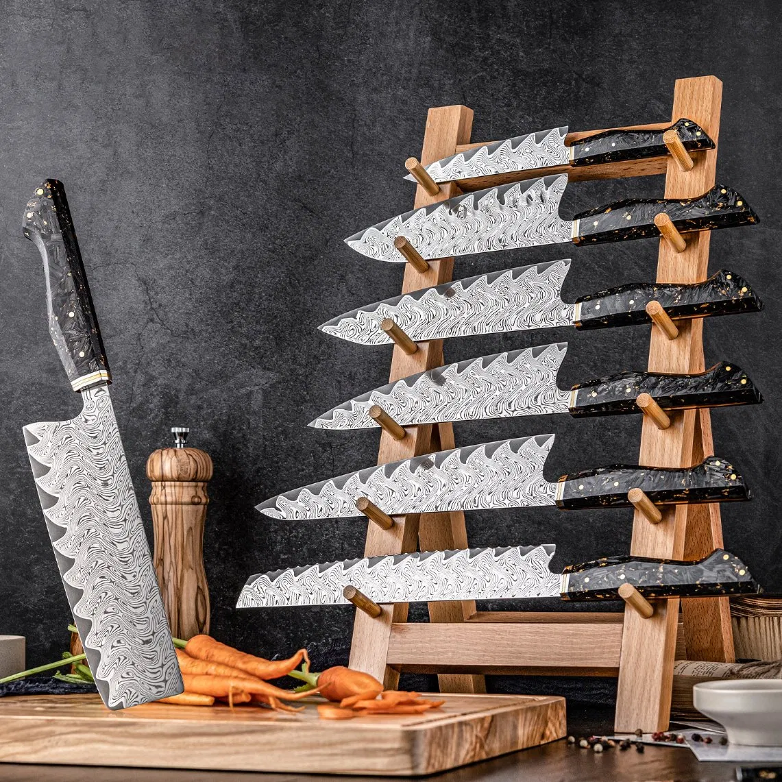 Premium 67 Layers Damascus Steel Chef Kitchen Knives Sets Chef Santoku Nakiri Utility Bread Knife Set Carbon Fiber Resin Handle