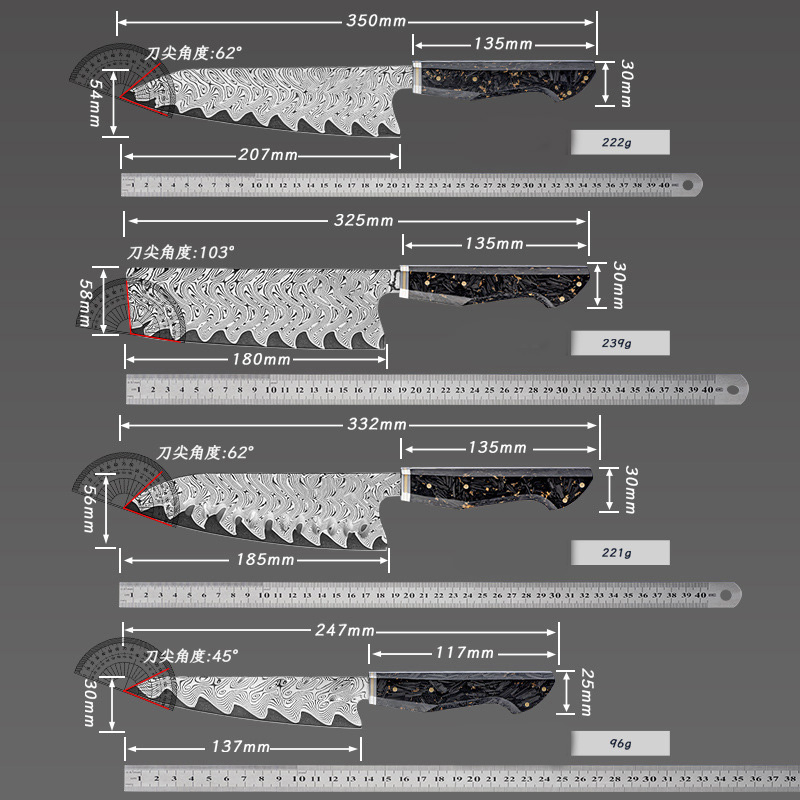 Premium 67 Layers Damascus Steel Chef Kitchen Knives Sets Chef Santoku Nakiri Utility Bread Knife Set Carbon Fiber Resin Handle