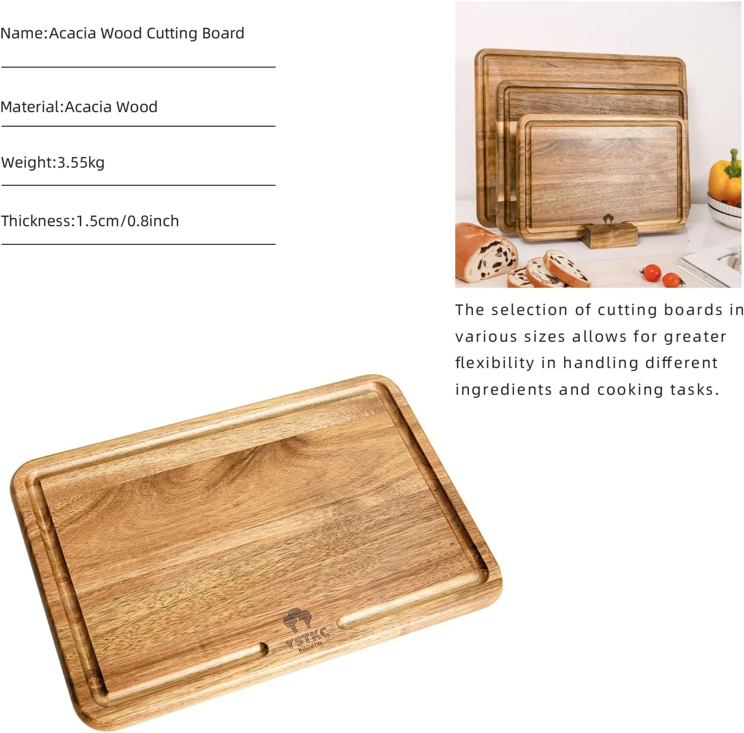 Acacia Wooden Kitchen Utensils 3-Piece Cutting Board