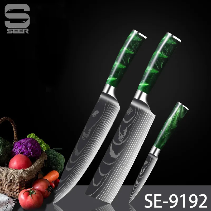 New Collection Damascus Steel Chef Knife Set Santoku Paring Knife Cleaver Knife with Resin 430 Forged Handle (SE-9192)