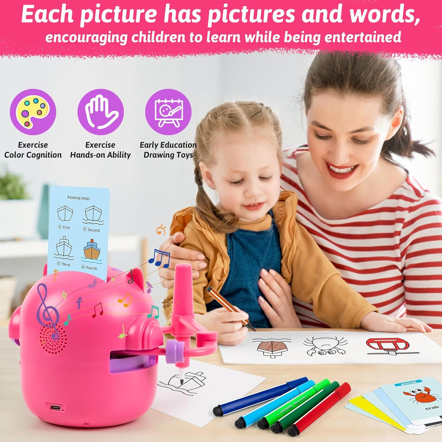 Cartoon Cat Face Drawing Robot Kids Ages 6-12 Doodle Bot Toy 100 Word Cards 16 Color Pens Plastic Unisex