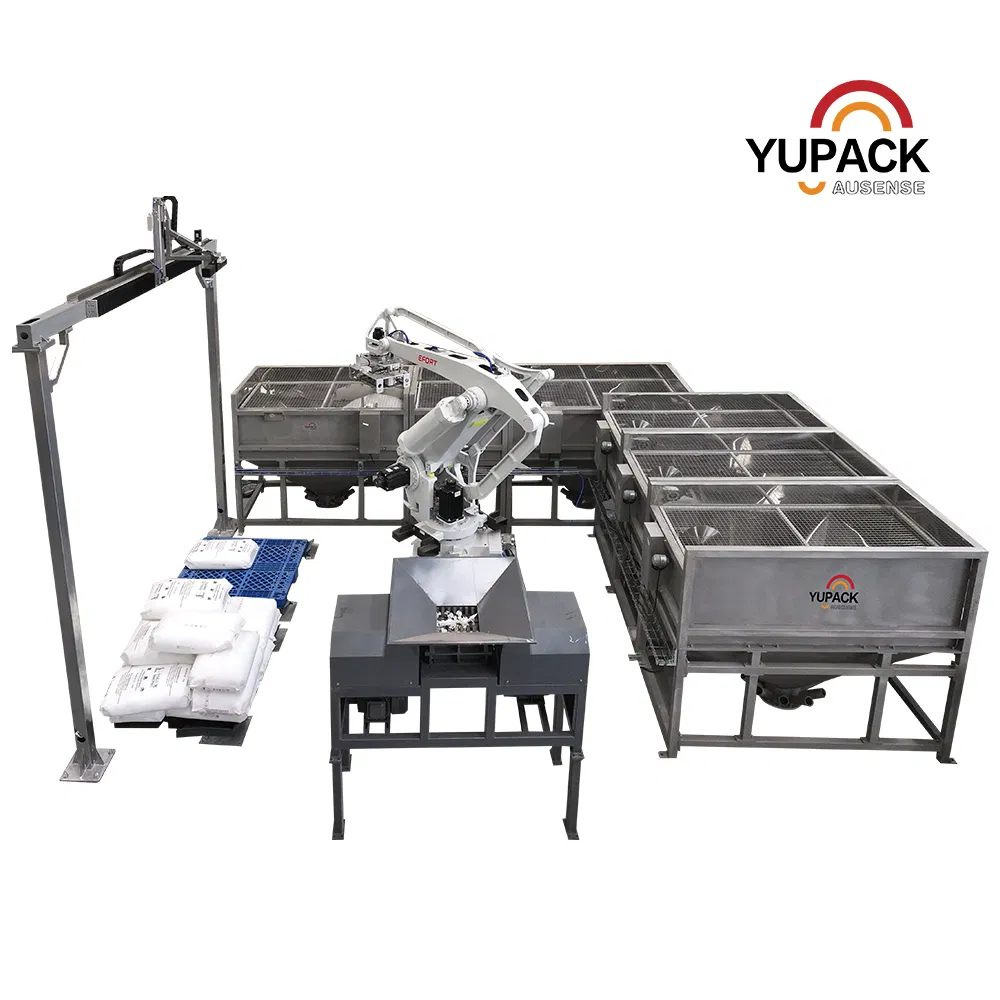 Robotic Bag Handling System for Depalletizing, Opening, Emptying and Dosing That Replaces Manual Lifting and Automates Powder or Granule Feeding