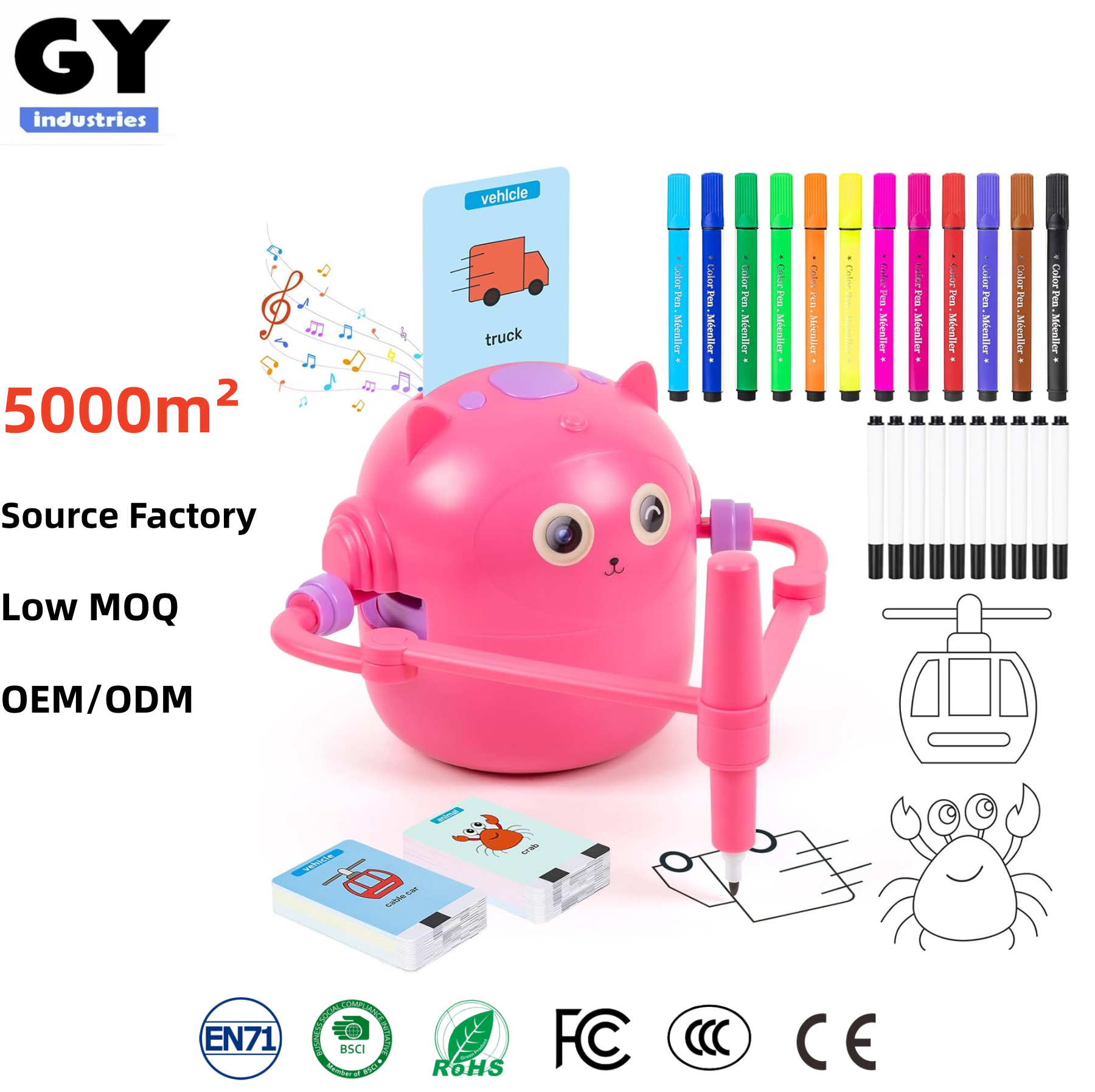 Cartoon Cat Face Drawing Robot Kids Ages 6-12 Doodle Bot Toy 100 Word Cards 16 Color Pens Plastic Unisex