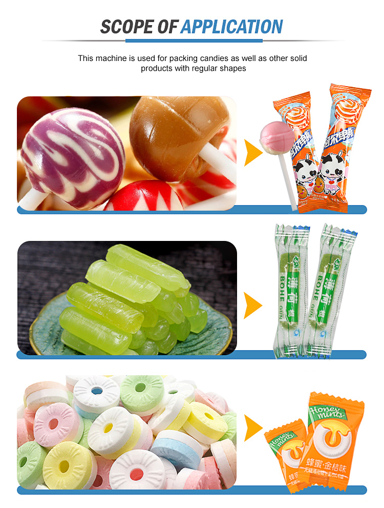 Full Automatic High Speed Flow Cotton Soft Jelly Hard Lollipop Pillow Small Candy Wrapping Packaging Horizontal Packing Machine