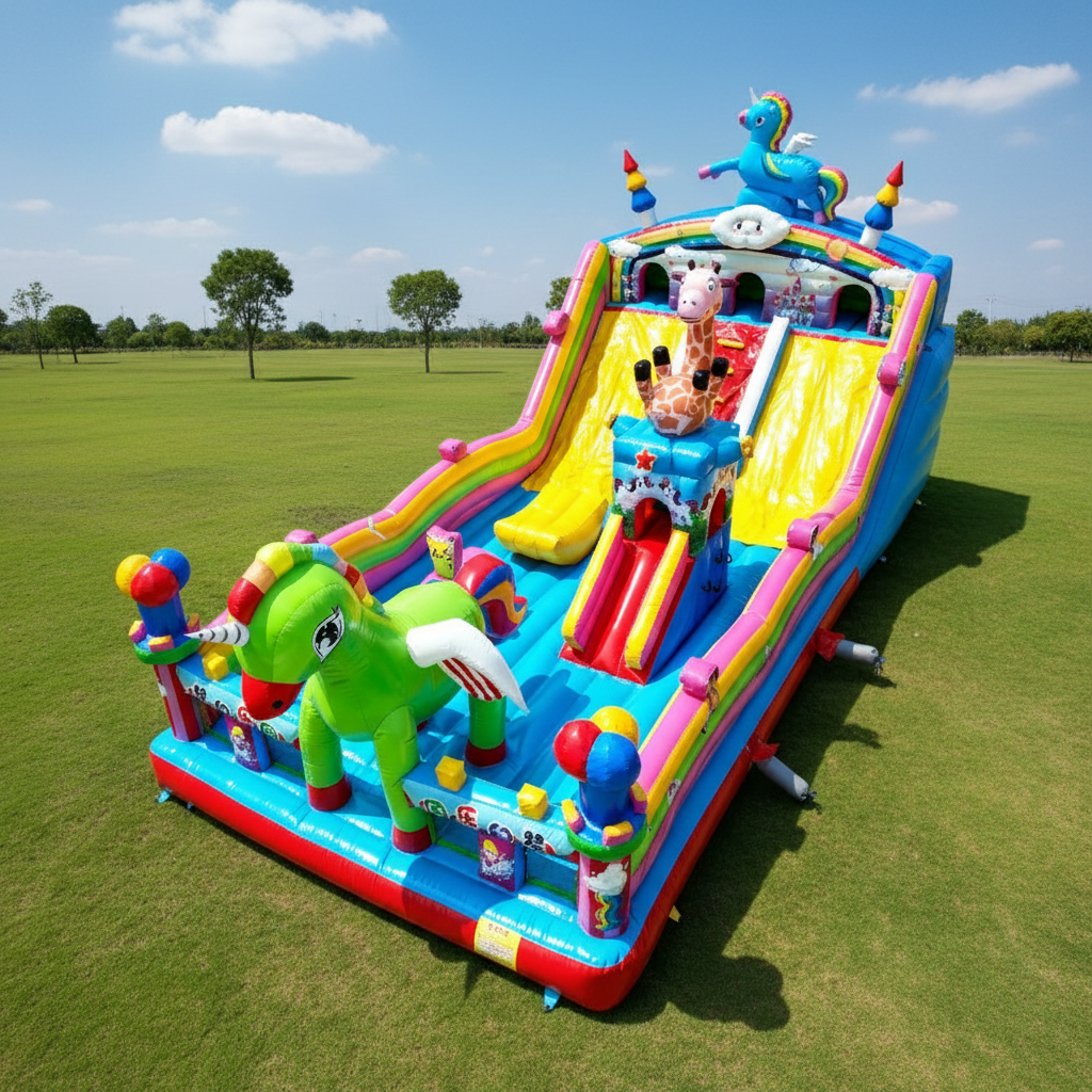 Hot Selling Customizable Colorful Cartoon Temed Eco-Friendly Inflatable Castle Slide Jumping Kids Play Equipment 60-Person