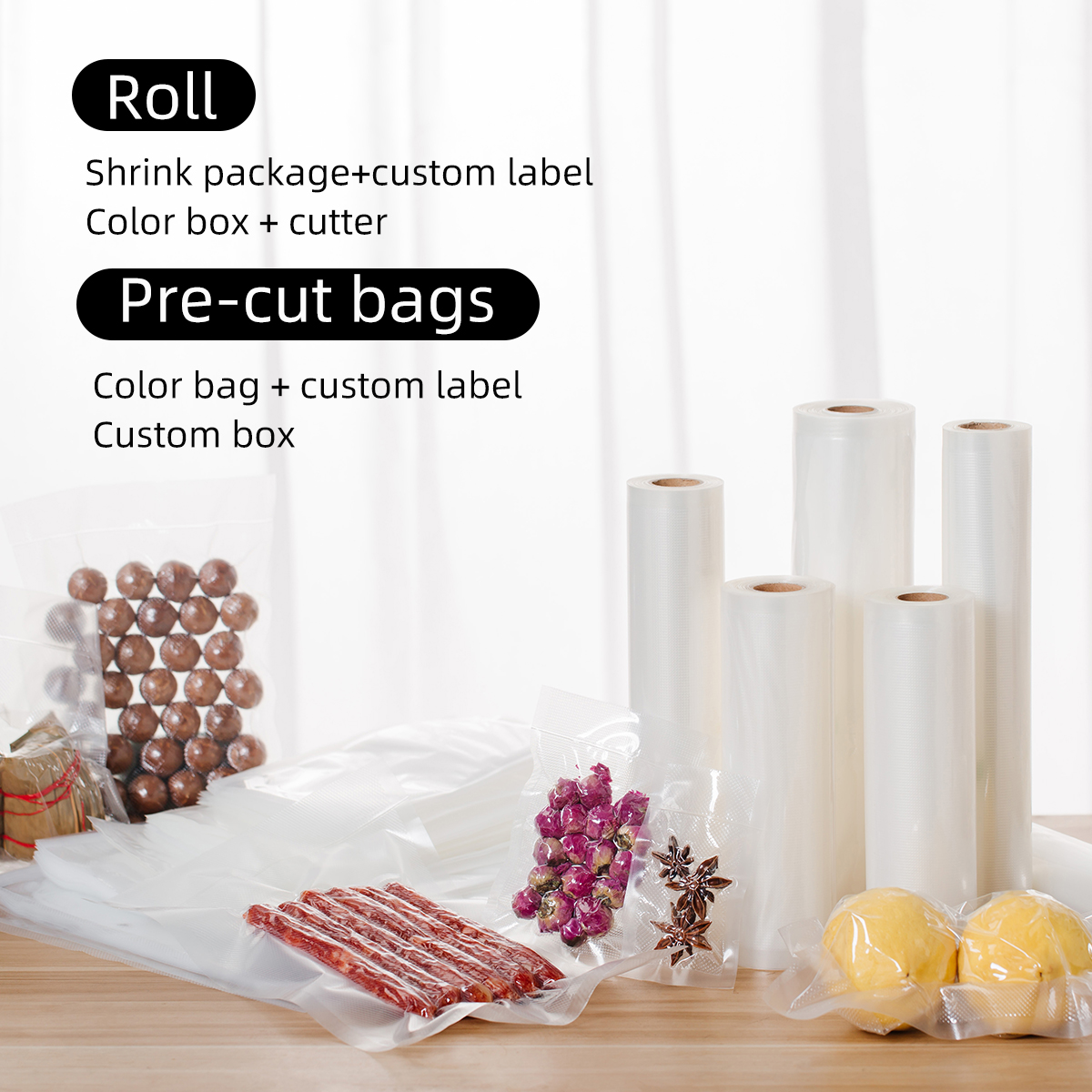 Custom Logo Printed Modern Kitchen Vacuum Seal Plastic Bags For Food Freezer Storage With Textured Surface And Vacuum Packing