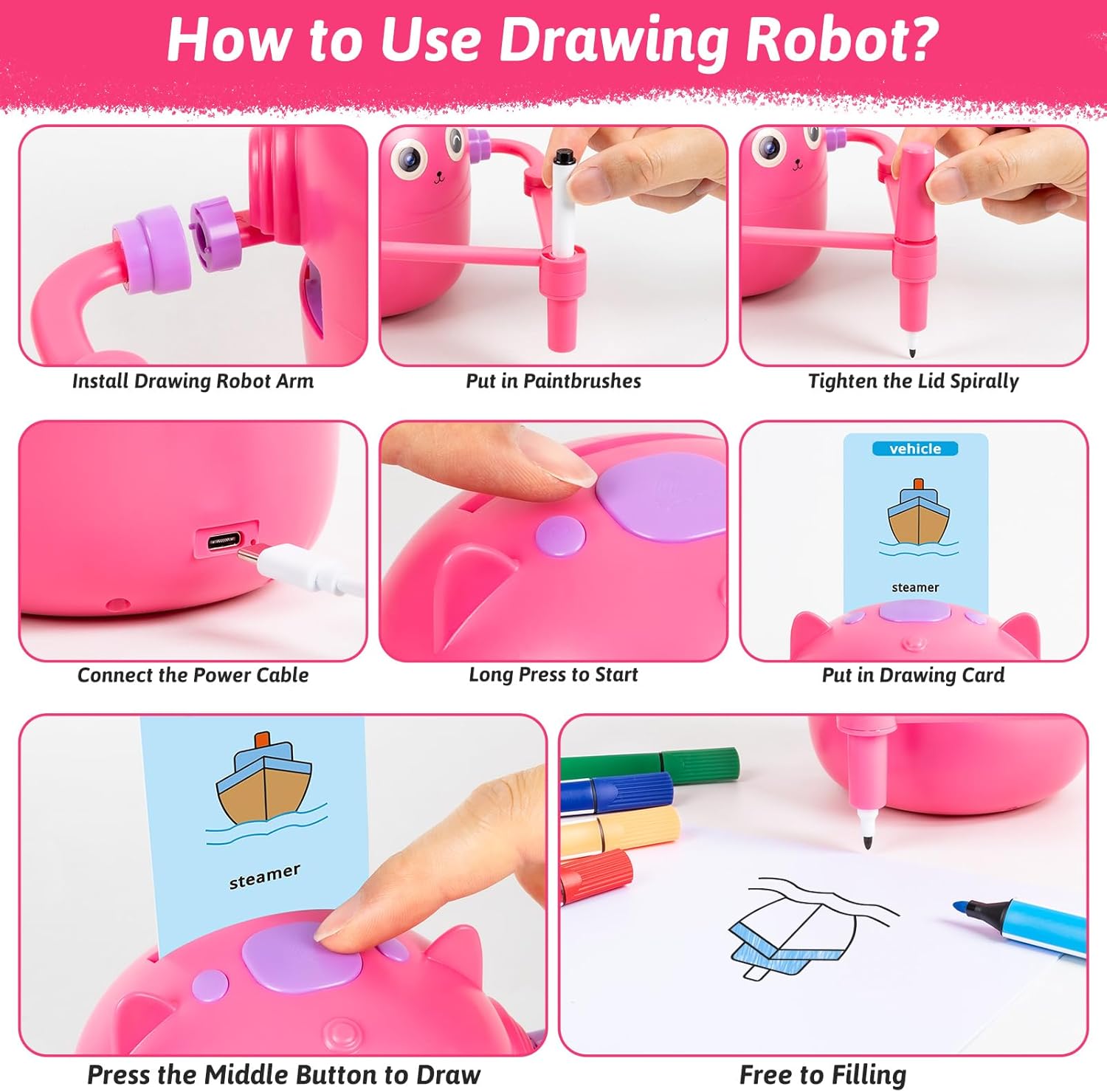 Cartoon Cat Face Drawing Robot Kids Ages 6-12 Doodle Bot Toy 100 Word Cards 16 Color Pens Plastic Unisex
