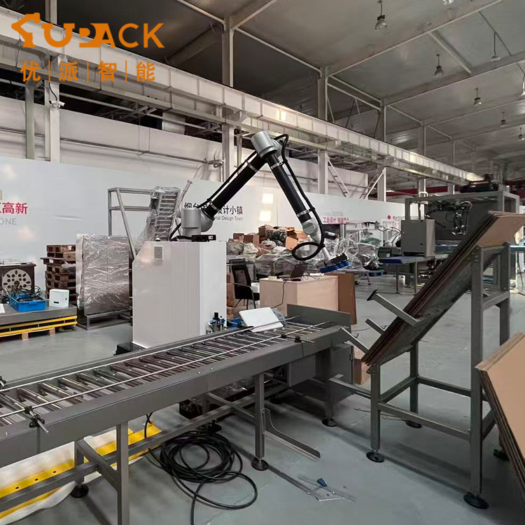 Small Carton/Box Packing System Automatic Collaborative Robot Palletizer with Paper Pads Motor PLC 8-10 Cartons/Minute Capacity