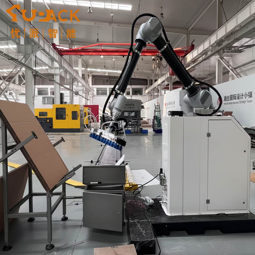 Small Carton/Box Packing System Automatic Collaborative Robot Palletizer with Paper Pads Motor PLC 8-10 Cartons/Minute Capacity