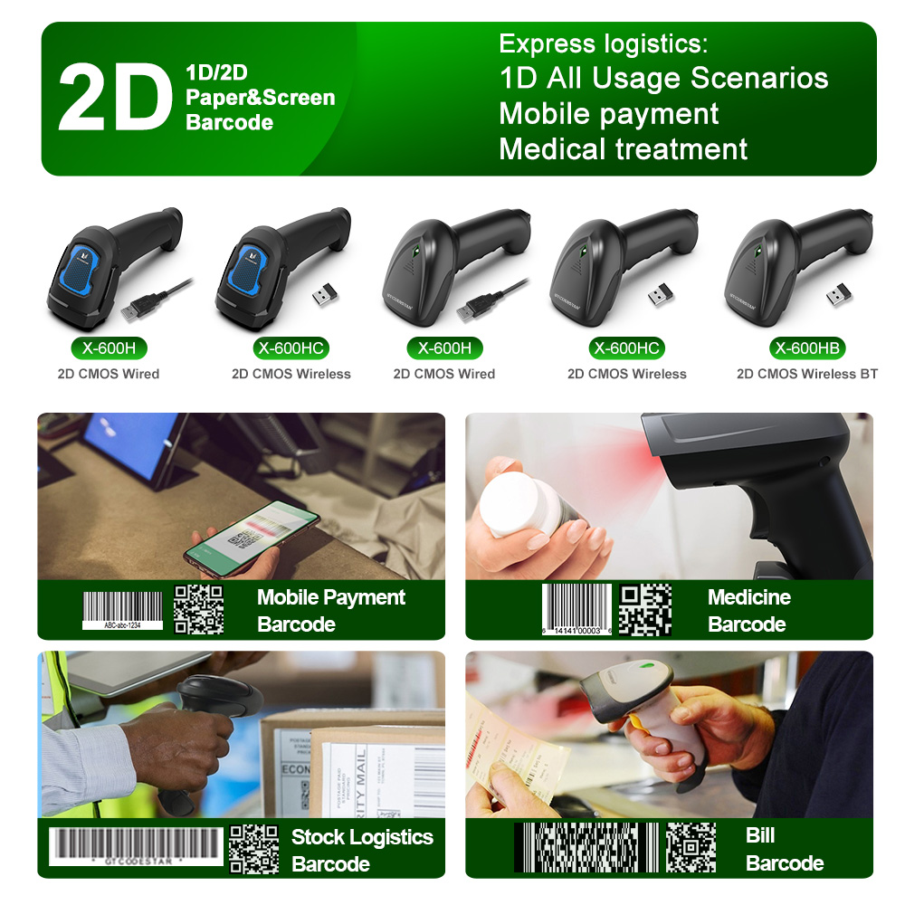 Xincode Handheld 1D 2D Qr Bar Code Reader Wireless Laser Barcode Scanner For Receipt Cash Register Inventory Bank Cheque Pos