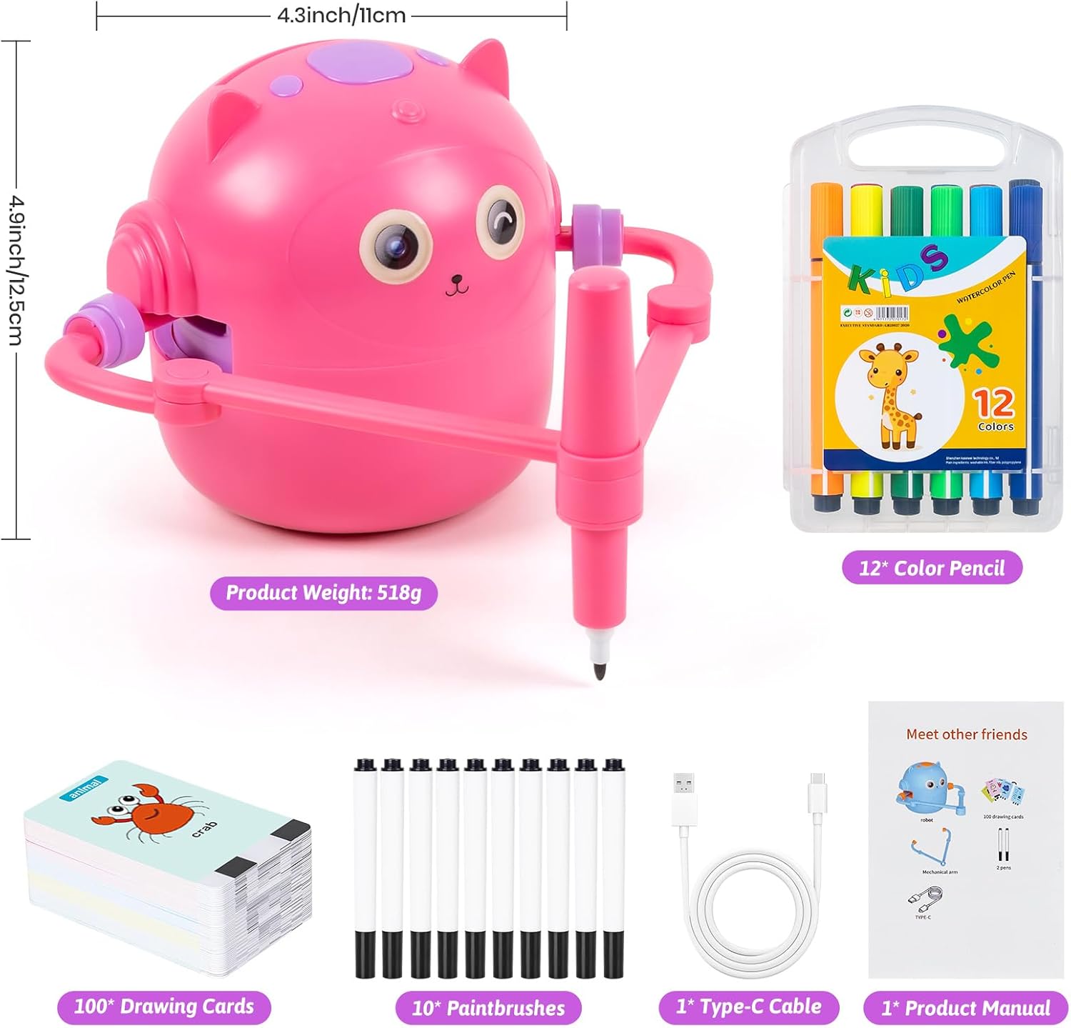 Cartoon Cat Face Drawing Robot Kids Ages 6-12 Doodle Bot Toy 100 Word Cards 16 Color Pens Plastic Unisex