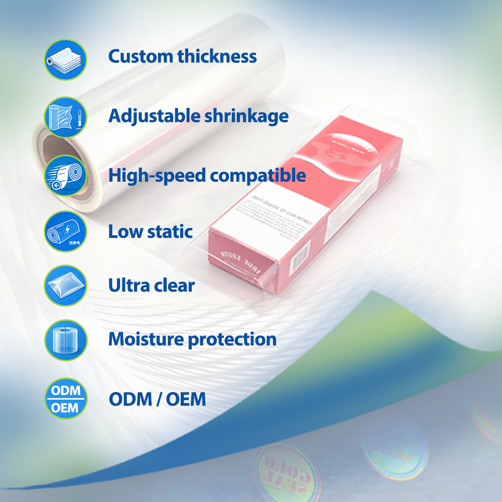 8% High Shrink BOPP Film Roll Overwrap Soft Release Release Moisture-Proof Box Packaging Blow Molding Industrial Use Logo