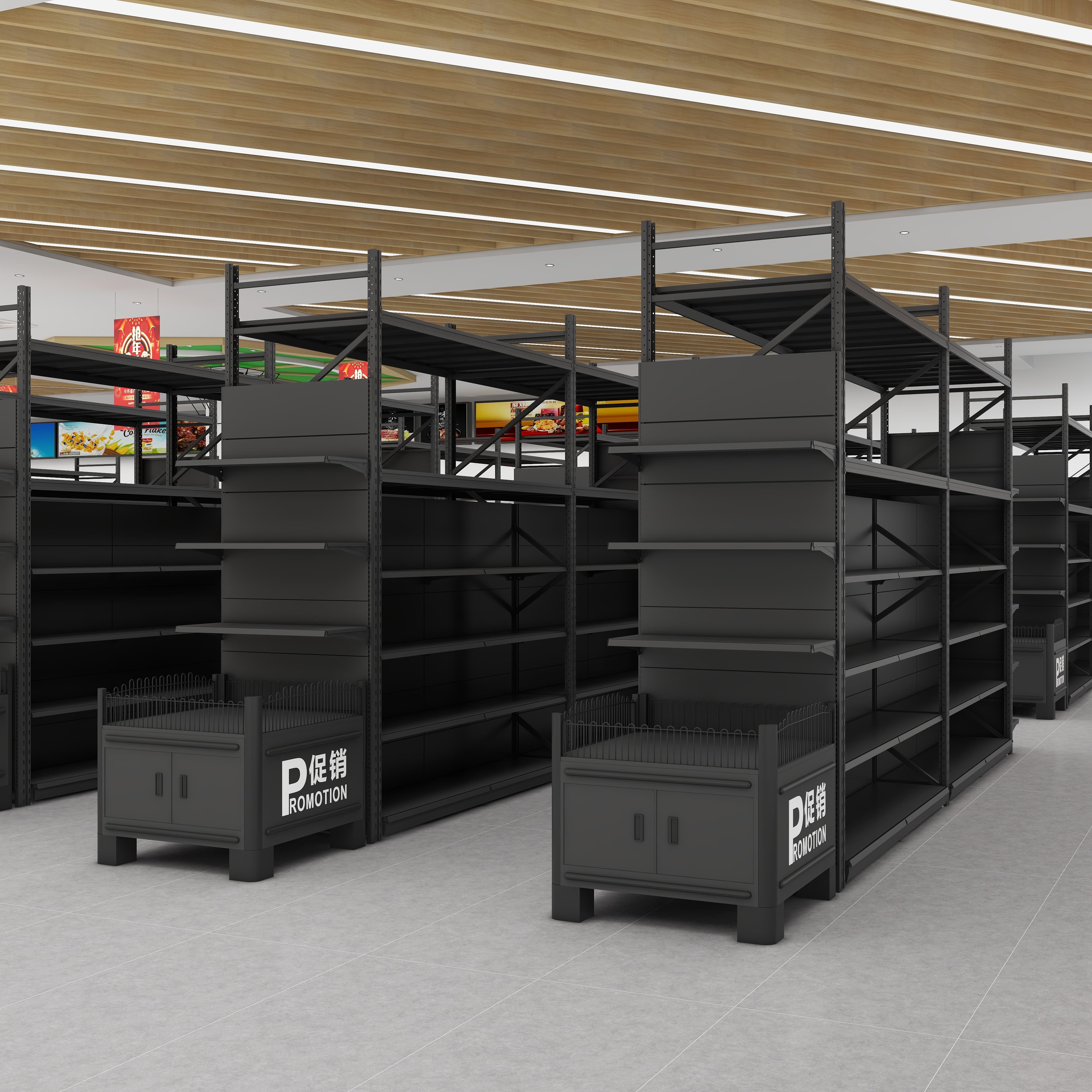 Heavy Duty Double-Sided Metallic Display Shelves for Supermarket Large Product Storage Solution
