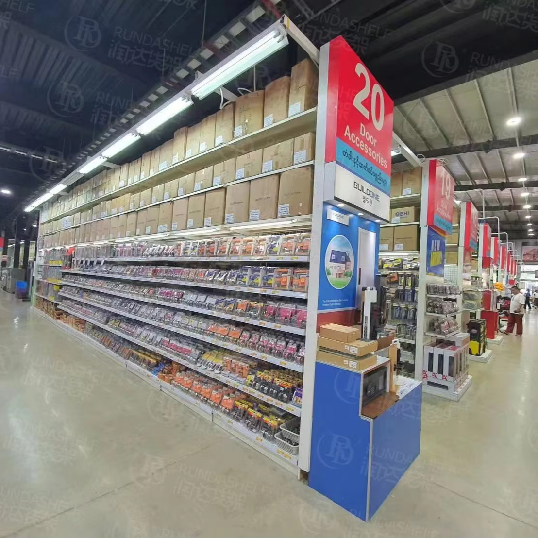 Discount warehouse, member store shelves, display shelves, warehouse, supermarket shelves