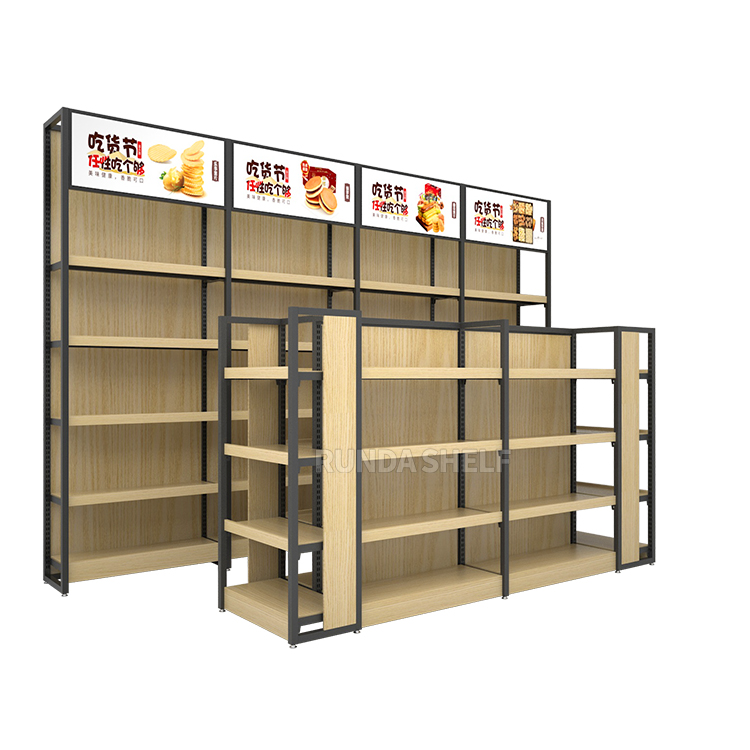 Light Duty Double-Sided Q235B Steel and Wooden Display Rack Gondola Shelving Supermarket Heavy Duty Style for Store Use