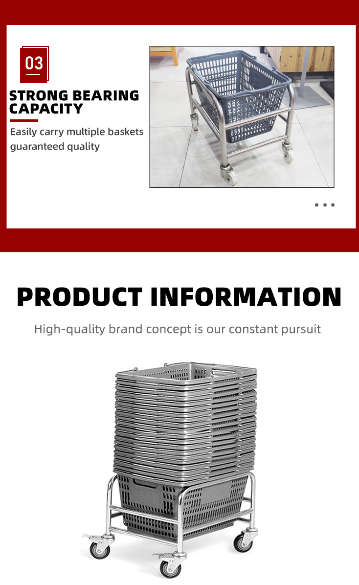 Supermarket Equipment Rolling Baskets Stand Stainless Steel Shopping Basket with Four Wheels Unfolding Feature
