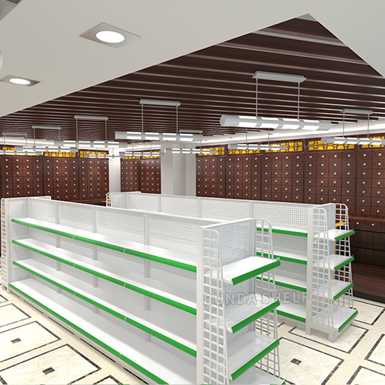 Light Duty Double-Sided CN;GUA Pharmacy Shop Display Racks Supermarket Rack with Metal Shelves for Interior Design
