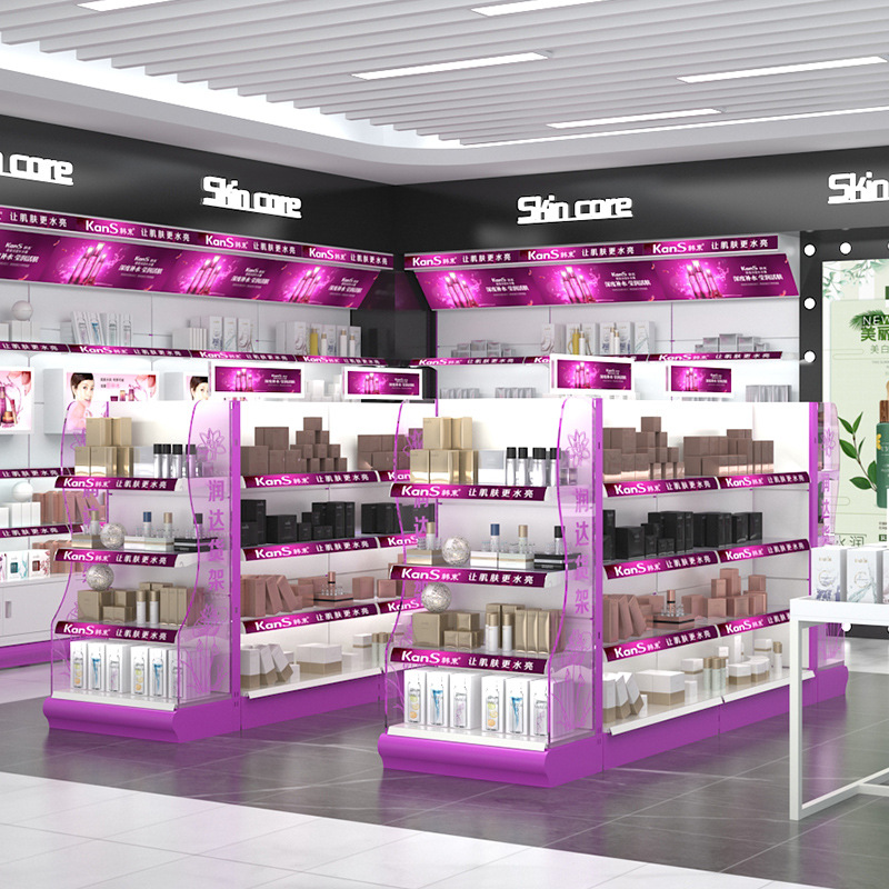 Cosmetic Store Supermarket Gondola Display Shelf Rack Rack System Display Stand Provide 3D Store Layout Glass or Metal Metallic