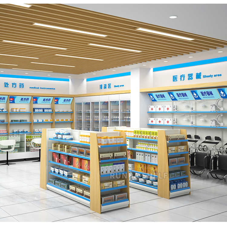 Supermarket Shelves Gondola Pharmacy Store Metal Runda Shelf RZ Display Stand Double-Sided Light Duty with Excellent Lighting