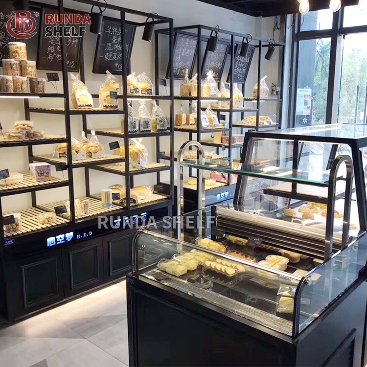 FV-05 Supermarket Bakery Showcase Rack Wooden Bread Display Shelf 800-1000mm Metal and Metallic Material
