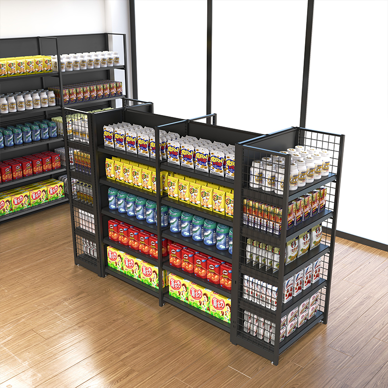 High Quality Double-Sided Metal Gondola Display Racks Heavy Duty Supermarket Back Net Shelving
