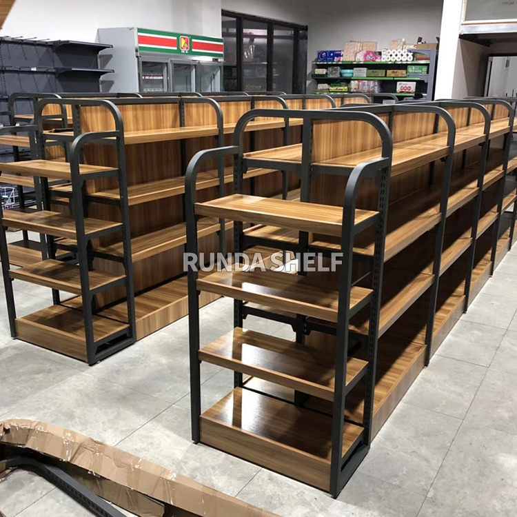Double-Sided Light Duty Wooden Shelves with Metallic Material Single-Sided Supermarket Rack for Display RZ Metal & Steel