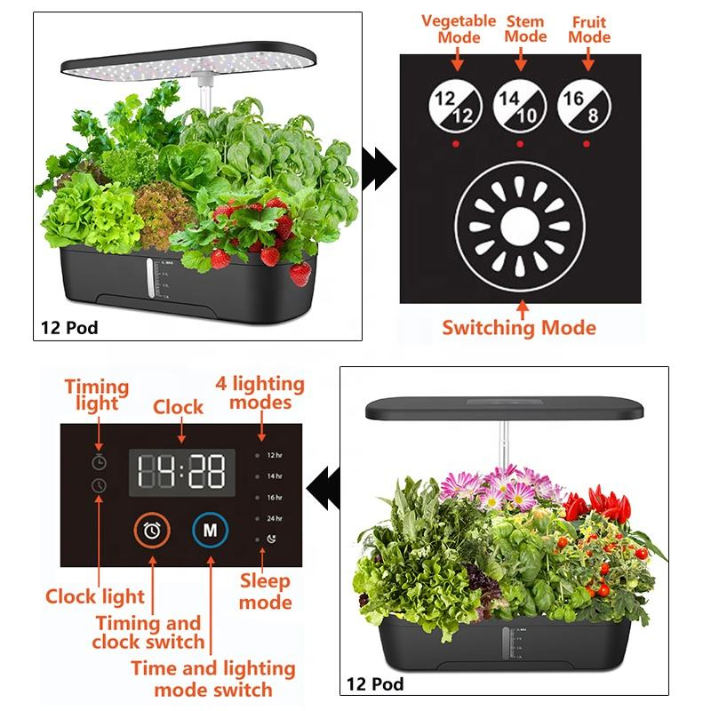 12-Pod Hydroponic Height Adjustable Planter and Auto Timer Indoor Garden System with LED Grow Lights for Herbs and Plants