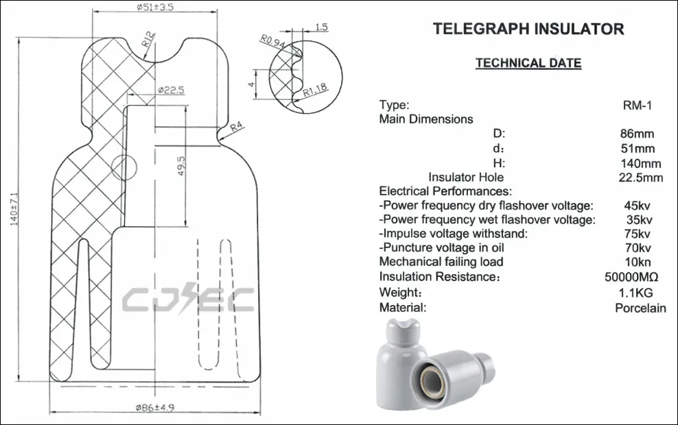 RM-1 Aislador de porcelana para línea telegráfica de baja tensión tipo pin 10kn