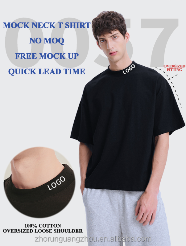 RTS High Quality 100% Cotton Tshirts Custom Mock Neck Black T-shirt Men Oversized Blank Plain T Shirts Clothing For Wholesale