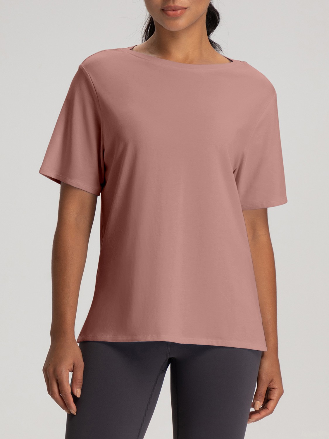 WOJIEER Custom Logo Fashionable Side Slit Design Athletic Wear Loose Yoga Top for Women Running T Shirt Gym Yoga Activewear