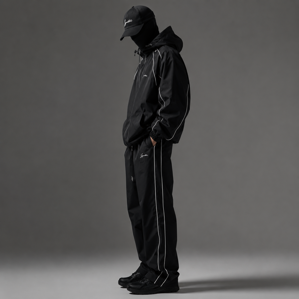 Custom Men Plus Size Printed Black Nylon Shell Windbreaker Tracksuit Set Hoodie Jacket Wide Leg Pants White Piping Streetwear