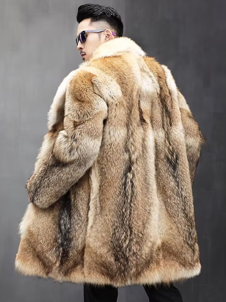 2025 Winter New Faux Wolf Fur Overcoat Trench Long Fashion Men's Business Lapel Thick V-neck
