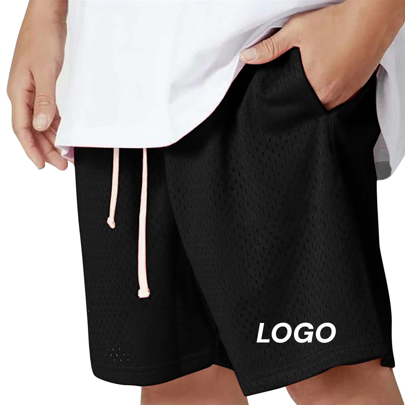 Free Design Blank Custom Summer Double-Line Basketball Mesh Shorts with Drawstring Solid Color Five-Point Mens Gym Shorts