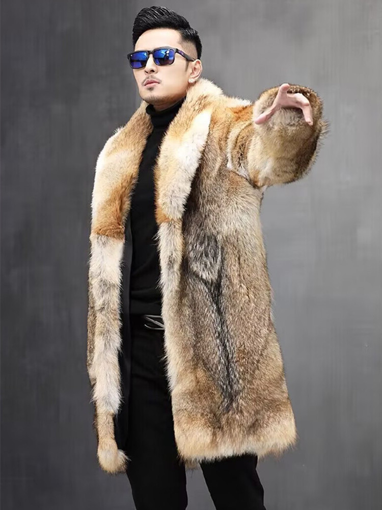 2025 Winter New Faux Wolf Fur Overcoat Trench Long Fashion Men's Business Lapel Thick V-neck