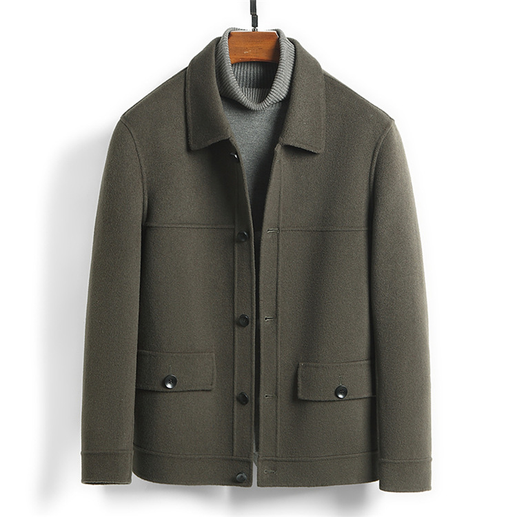 Men's Luxury 100% Wool Double-Faced Jacket, Hand-Finished Short Safari Coat, Premium Olive Green Utility Flap Pocket Outerwear
