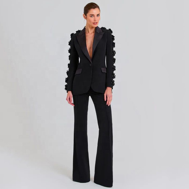 AIMEISI Unique Women Clothing Handmade Irregular Flower Decoration Suit 2 Piece Set Formal Women's Suits &amp; Blazers