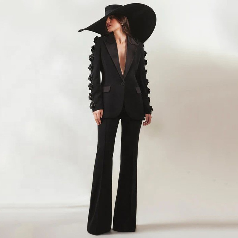 AIMEISI Unique Women Clothing Handmade Irregular Flower Decoration Suit 2 Piece Set Formal Women's Suits &amp; Blazers
