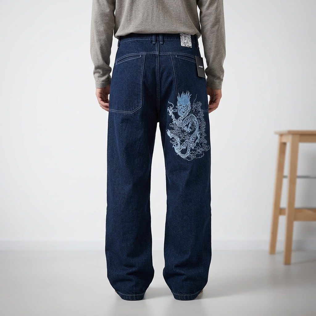 American Retro Street Skateboarding Classic 90s HIP-HOP Dance BBOY Style. Breathable Washed Embroidery Loose Fit Jeans. Long