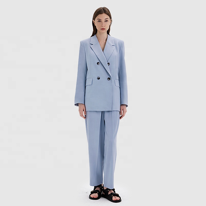 Office Business Two-Piece Suits Wide-Leg Pant Loose Light Blue Blazer Set for Women