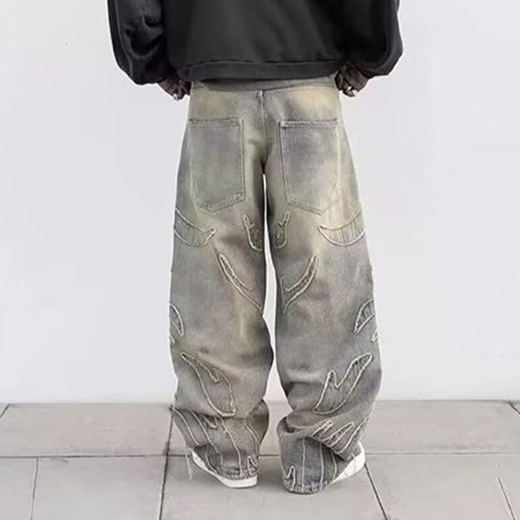 Custom Vintage Wide Leg Pants Flame Applique Embroidery Baggy Denim Pants Men Washed Distressed Gothic Street Wear Jeans Pants
