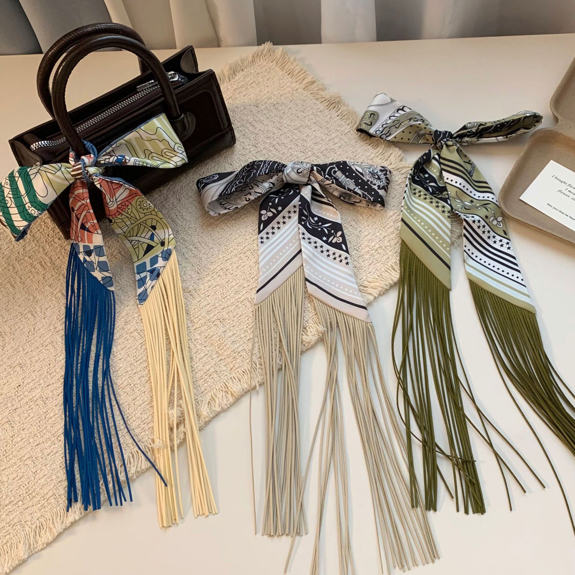 5*130cm Latest Design Tassel Silk Scarf Bag Scarf Silk Luxury Custom Leopard Print Design Twillies Scarf for Handbags