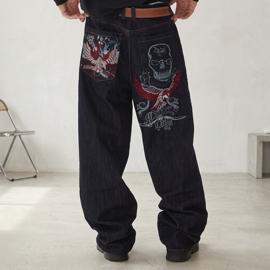 American Street Vintage 90s Multi-needle Embroidered Hip-hop Loose Mid-rise Denim Long Pants Winter Autumn ODM Cotton Knitted