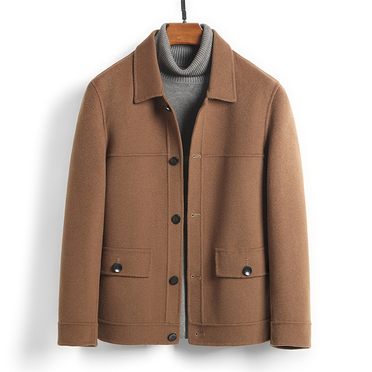 Men's Luxury 100% Wool Double-Faced Jacket, Hand-Finished Short Safari Coat, Premium Olive Green Utility Flap Pocket Outerwear