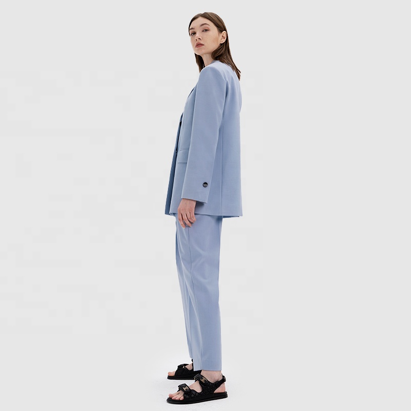 Office Business Two-Piece Suits Wide-Leg Pant Loose Light Blue Blazer Set for Women