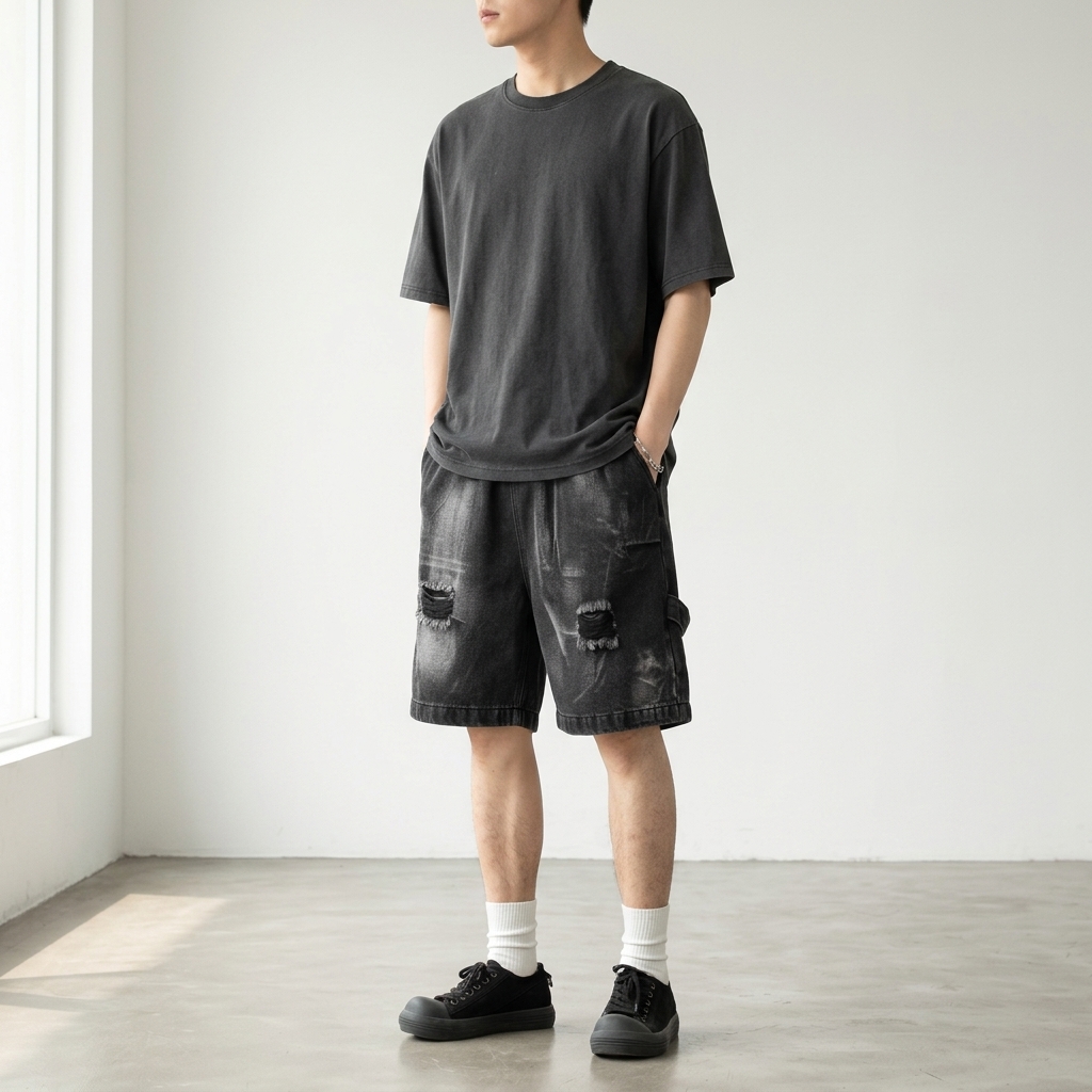 Vintage Mid-rise Straight-leg Men's Jeans. Summer Lightweight Hip-hop Casual Loose Pleated Design. Damaged-looking 100% Cotton