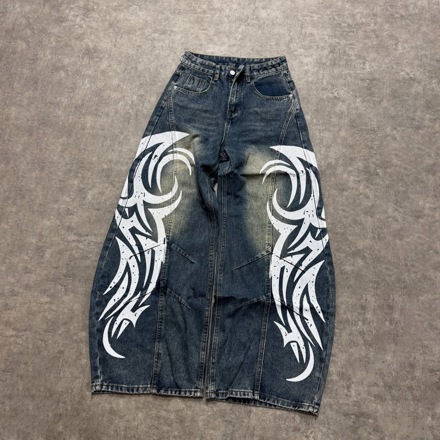Custom Supplier OEM Mens Y2K Vintage Print Distressed Jeans Washed Wide Leg Denim Pants Streetwear Style